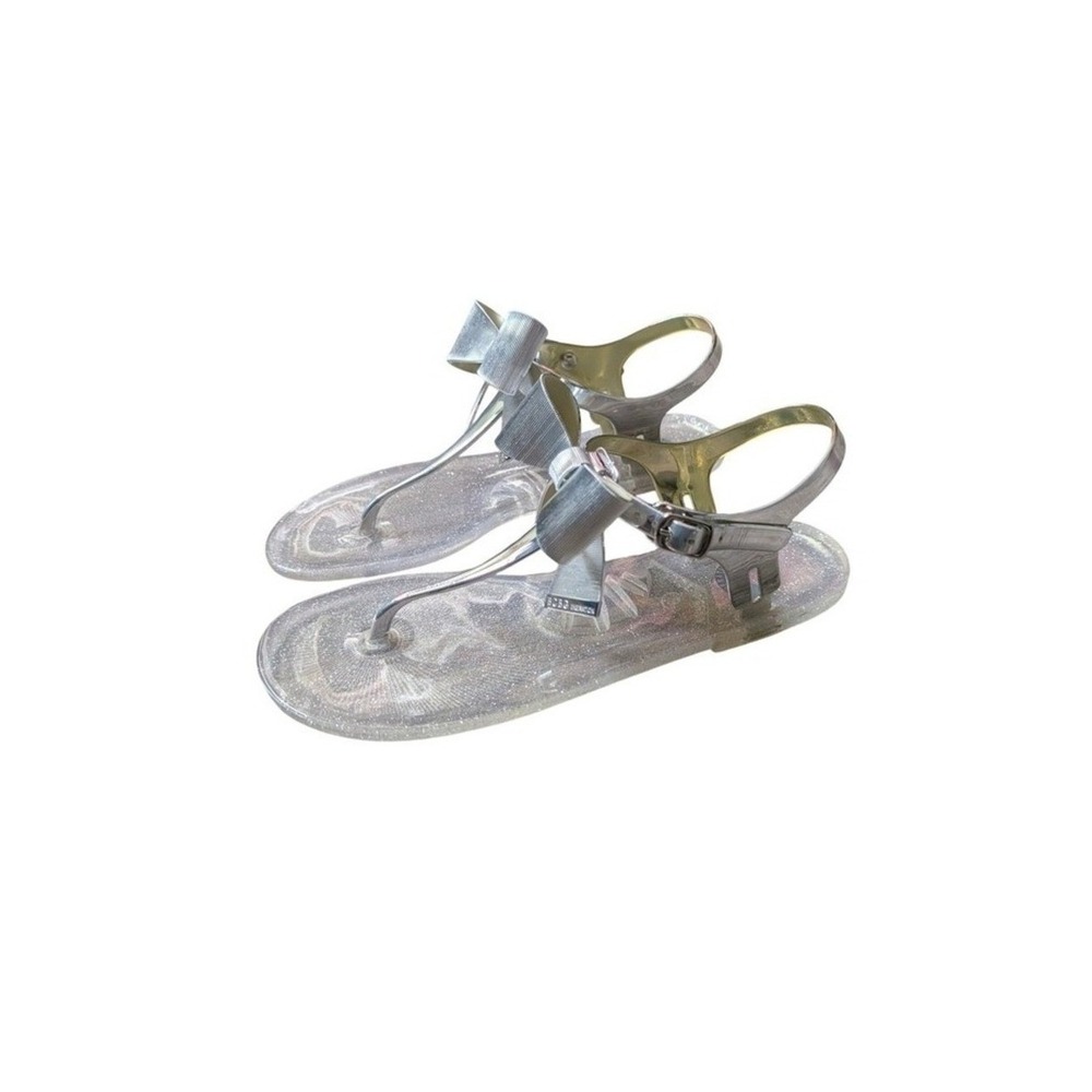 BCBG Cutesy Silver Chrome Bowtie Clear Glitter Jelly Thong Sandals
